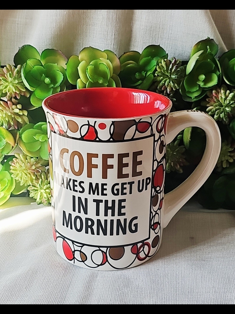 Fun Red-Interior Ceramic Coffee / Chocolate Mug with Bold Morning Message